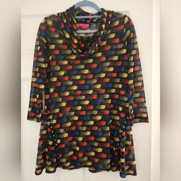 Max & Rina Red/Blue/yellow /Black 3/4 Sleeve Top Size L - Picture 1 of 8